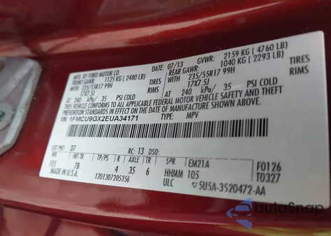2014 Ford Escape Se from USA, damaged, VIN 1FMCU9GX2EUA34171